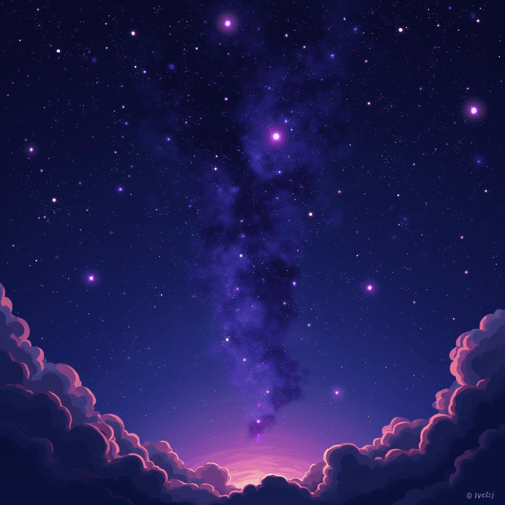 A galaxy of vibrant stars stretches across a twilight sky, framed by fluffy clouds tinged with pink and purple hues.