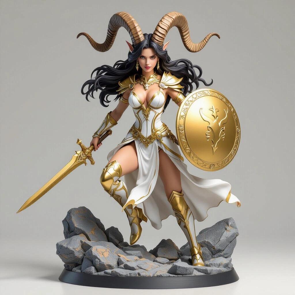 Highly detailed 3D resin statue of a Capricorn-inspired zodiac goddess. Dynamic battle pose with one leg forward on rocky terrain. Fierce expression. Sleek, form-fitting armor in white and gold. Plunging neckline with flowing elements. Long, flowing hair in motion. Holds a golden sword in one hand, round shield with Capricorn symbol in the other. Large curved goat horns on her head. Decorative rock base. Studio lighting, neutral background, collector's figurine style.