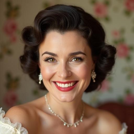 Charming beautiful housewife with 1950's hairstyle and a sweet smile in a close-up portrait. She wears diamond hairrings and poses against floral wallpaper. She has chubby cheeks.