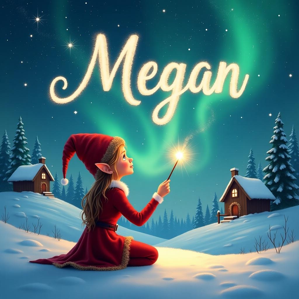 An elf sits on snowy ground. Elf gazes at a magical sky. Elf wears a red outfit with a pointed hat. Elf holds a sparkling wand. Wand writes the name Megan in the sky. Background has snowy landscape. Charming houses and evergreen trees under Northern Lights.