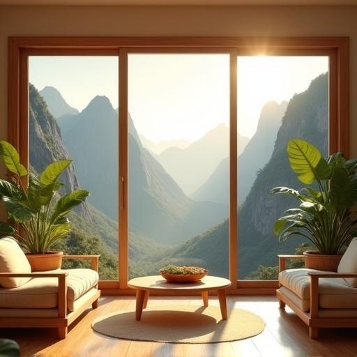 A serene living room with large windows showcasing majestic mountains bathed in warm sunlight. Interior features wooden furniture and green plants. Space is minimalist and uncluttered. Warm ambient lighting enhances the peaceful atmosphere.