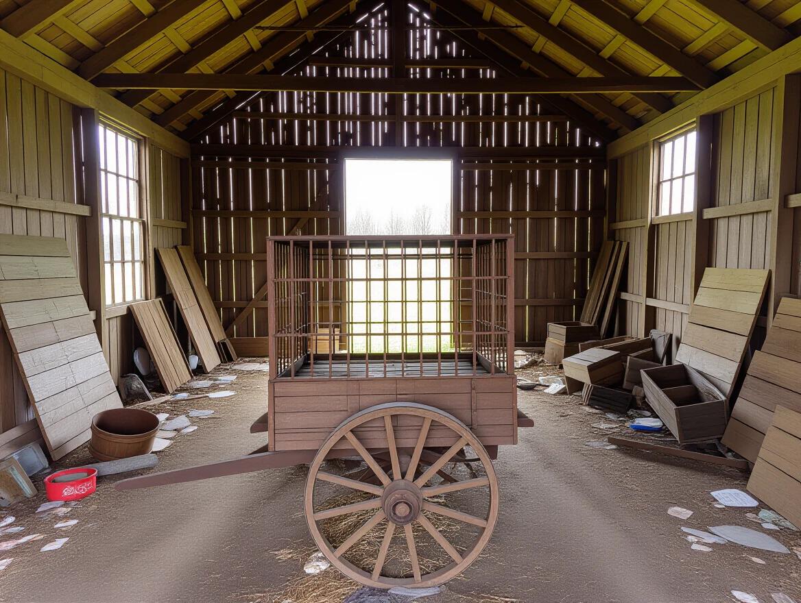 View from inside a windowless barn built in 1890. Junk scattered around the barn floor. Centered is a wooden wagon with metal bars forming a cage. The space has vintage characteristics with unrefined wood and dirt flooring.
