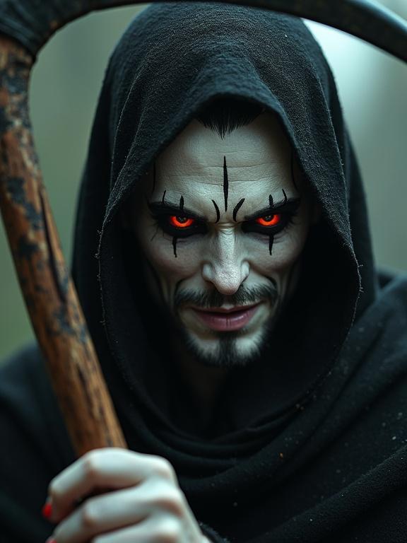 A three quarter portrait of a sinister Greek god Hades holding a scythe with a stunning face. The expression is cruel and mischievous with a smirk, looking down and toward the viewer. The portrayal is ultra detailed with symmetrical burning eyes and perfect skin. The background features intricately detailed elements of a fantasy hellscape. The lighting is cinematic with textures of natural reflections, and the pose is action-oriented in an asymmetrical position.