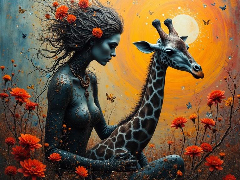 Artistic illustration of a woman with a giraffe in a vivid landscape. Mixing encaustic and mixed media techniques. The scene captures a whimsical and detailed expression. Influenced by various artists.