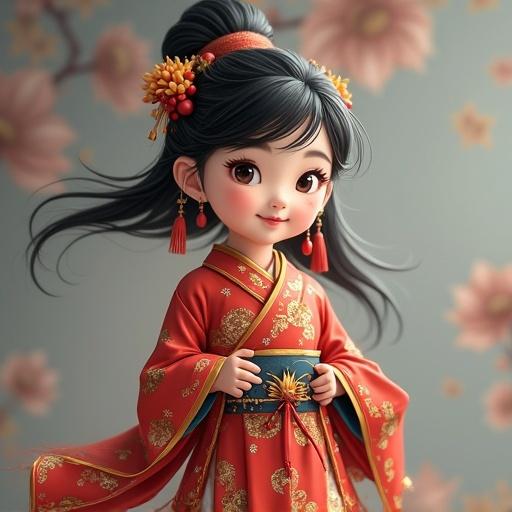 A young girl wearing a beautiful traditional outfit with intricate designs holds a playful pose among pastel colored cherry blossoms. Her expression is cheerful and inviting.