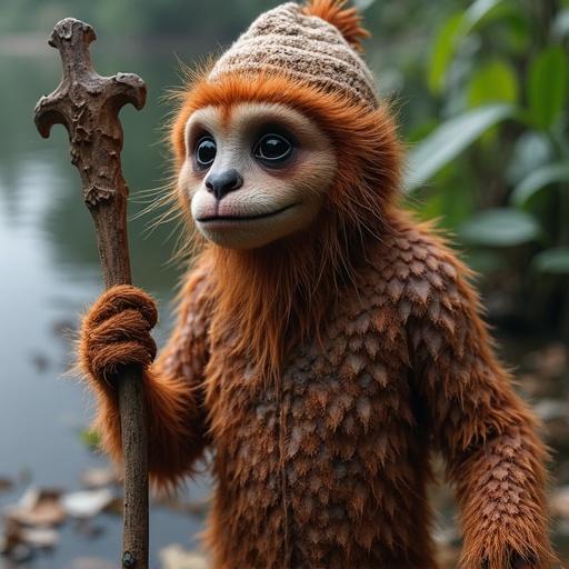 A sad monkey character standing near a body of water. The monkey has a fur coat and a patterned hat. A stick is held in one hand. The expression is melancholic. The background includes lush greenery and calm water.