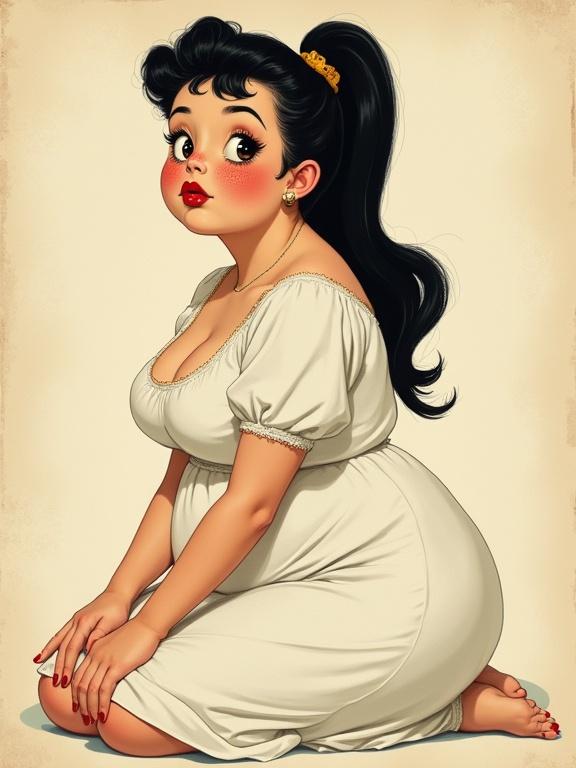 Vintage illustration of a woman with black ponytail and freckles. She has pale skin and is pouting. Her figure is chubby and plump. The woman is wearing a white dress and sitting on her knees with hands on knees. Style inspired by Alphonse Mucha.