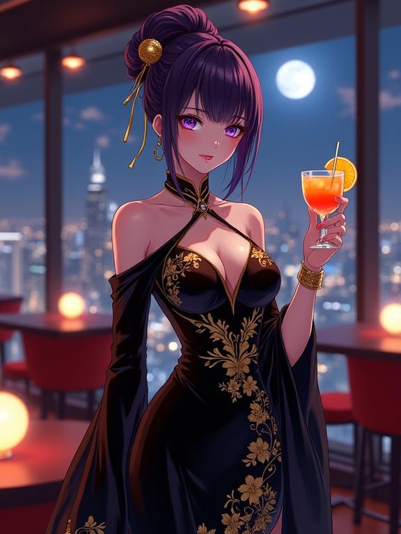 Elegant anime-style lady in a sophisticated indoor lounge setting holding a vibrant cocktail glass. Dark violet hair styled in an updo with gold ornaments. Wearing a luxurious black off-the-shoulder gown with golden floral designs and long bell sleeves. Dimly lit ambiance with a blurred city skyline and full moon in the background. Attention to shimmering textures and reflections in the scene.