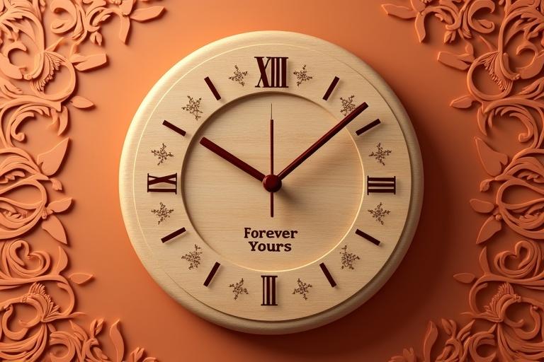 A wooden clock features customizable text engraved in Devanagari script. The background is terracotta with mandala patterns. The clock has a glossy finish and is presented in a 3D render style.