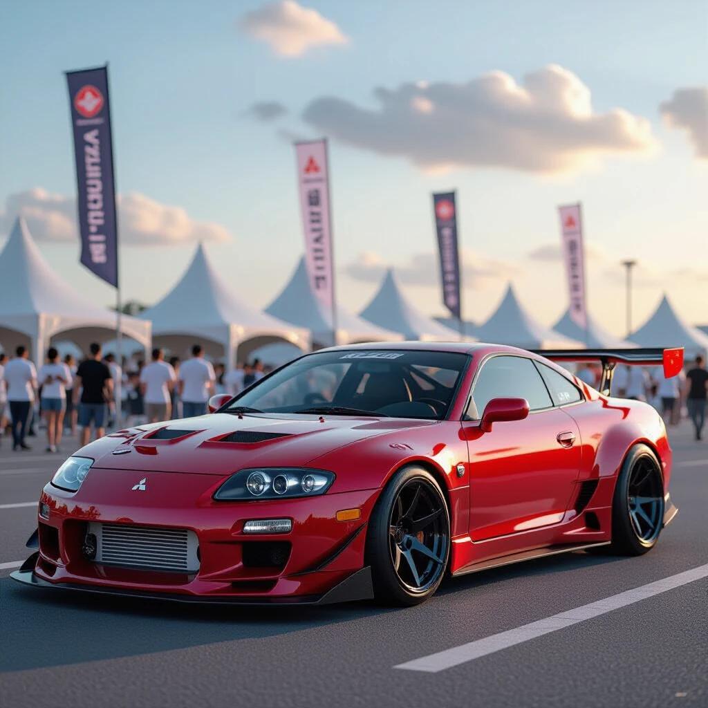 Highly realistic 4K image of a Mitsubishi Eclipse with body kit at JDM festival. The scene showcases a vibrant atmosphere filled with fans and tents in the background.