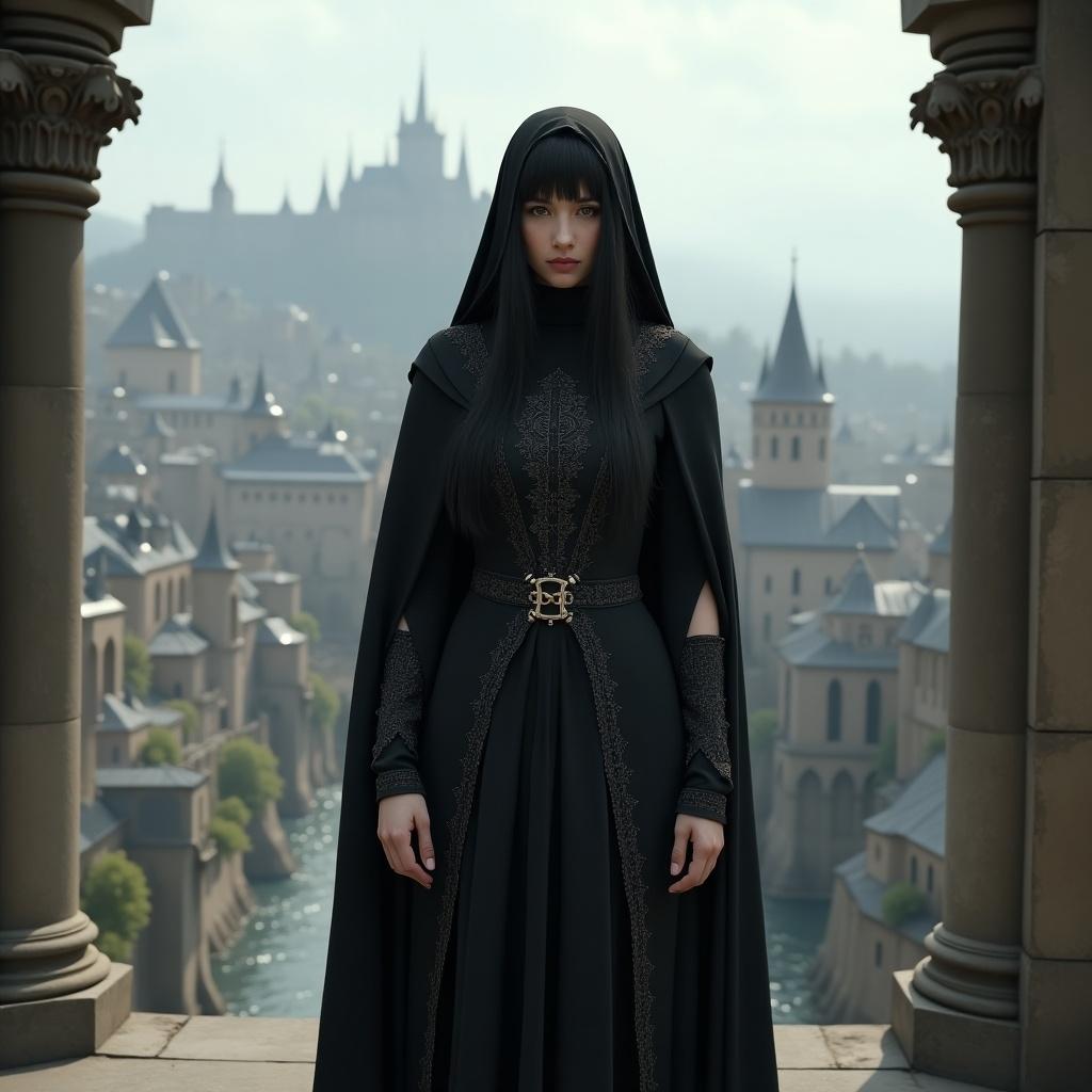 A beautiful fantasy-themed illustration featuring a cleric in a laced nun skirt. The character has long black hair and is set against a stunning fantasy cityscape reminiscent of Minas Tirith from Lord of the Rings.