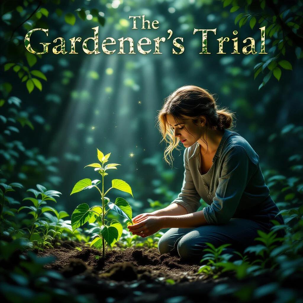 Movie poster for a film titled The Gardener's Trial featuring a woman kneeling beside a glowing plant. Background shows lush greenery and soft light filtering through. Title is vine-wrapped and mossy in appearance.
