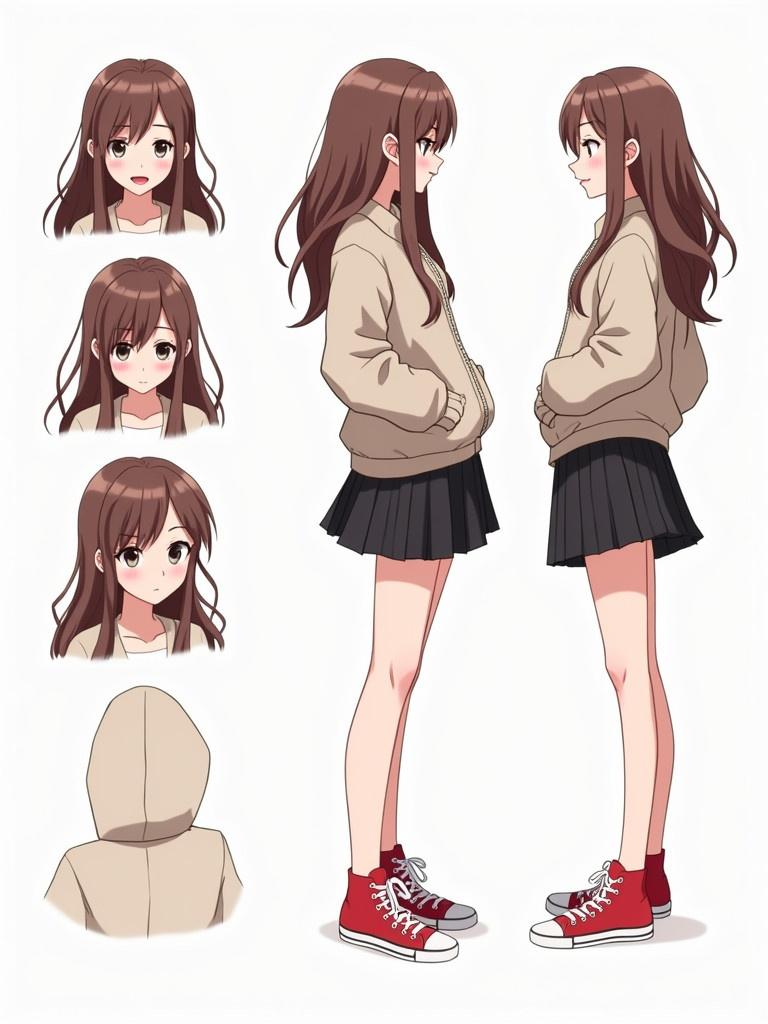 Anime character sheet displays a woman with long brown hair. She wears a comfortable beige jacket. She has a stylish black skirt with red sneakers. Images show various modeling angles for reference.