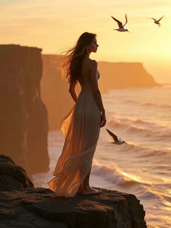 Glamorous modern Venus figure stands on stone ledge at Cliffs of Moher in Ireland. This powerful pose radiates stability amidst gusty winds. Beneath her feet is an invisible glass plane level with the rock slope. The figure features sun-kissed skin and billowing champagne chiffon toga glowing in backlight. Spectacular waves crash against the cliffs below. Gulls fly overhead, creating a dynamic natural scene. This image captures elements of beauty, nature, and power.