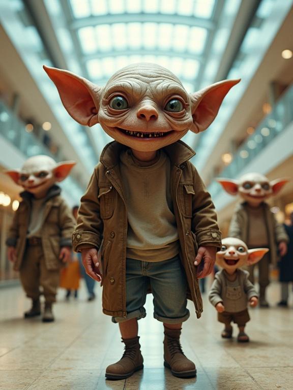 Life-sized goblins with funny faces roam a bright shopping mall. They have realistic skin textures with wrinkles and large pores. They wear shabby clothes contrasting the clean mall interior. Some pose for selfies with silly expressions. Others push carts filled with clothes. Little goblins eat ice cream.