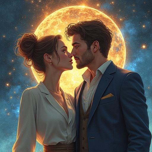 Cover art for a fantasy book titled The Quantum of Promise. Depicts a young couple. The background features a large glowing moon. Atmosphere represents magic changing outcomes. Young man is dressed in a suit and shows confident expression. Young woman is in formal attire and appears determined. Ideal representation of a fantasy narrative.