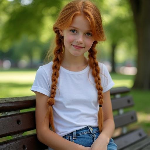 A young girl sits on a park bench. She has red braided hair. She wears a white t-shirt and blue jeans. The setting is a sunny day in central park. The girl is smiling slightly and appears relaxed. The park backdrop adds an enjoyable atmosphere.