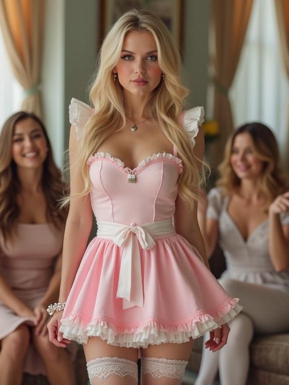 Portrait photography set in a lavish living room with stylish and elegant decor. A group of fashionable women sitting and laughing on the couch. A wife in a pink dress standing confidently in front, with a smug grin. A crossdressing maid in a frilly pink-white uniform blushes deeply with exaggerated makeup.