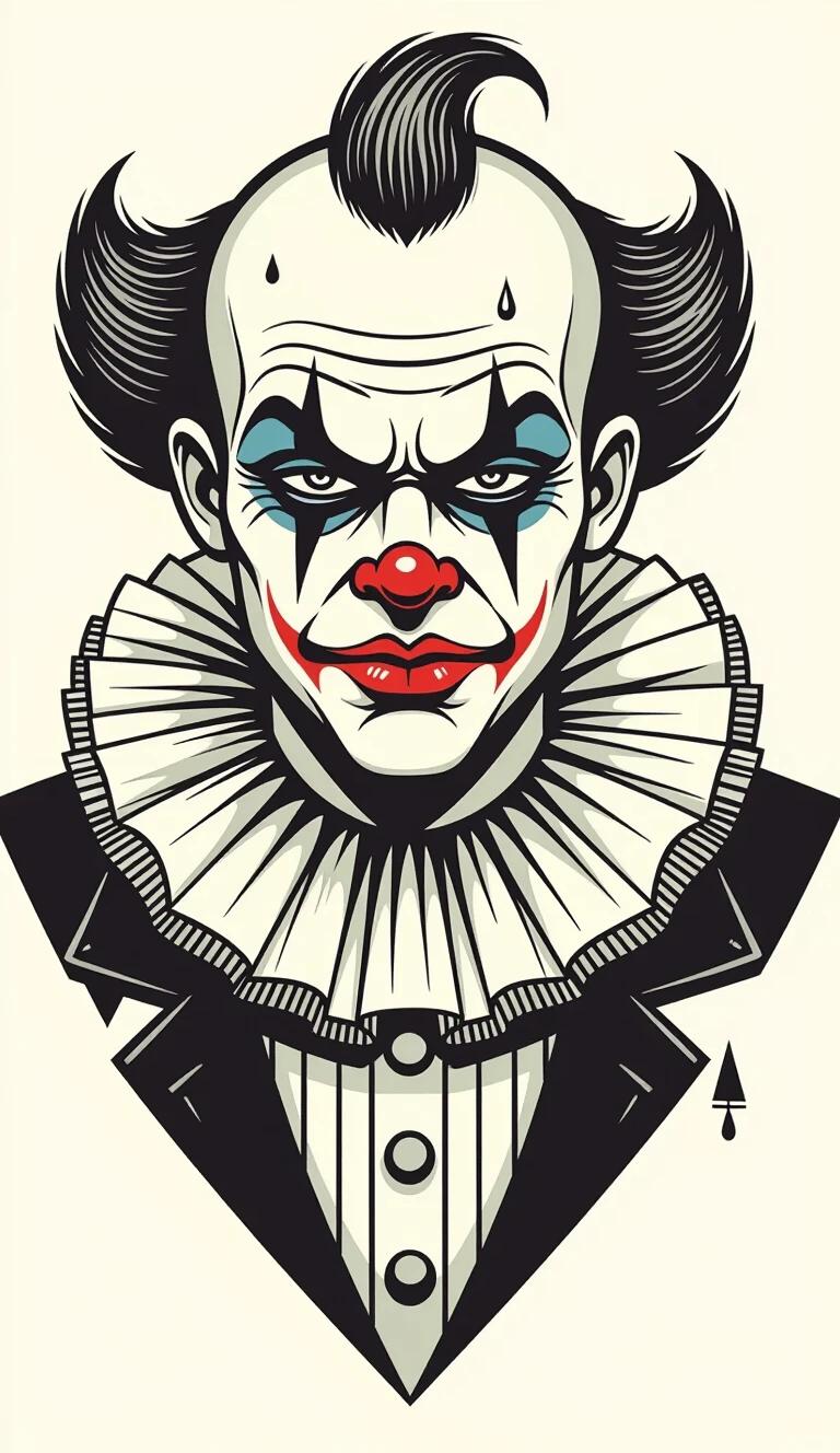 Black and white illustration of a chicano clown. Thick bold lines are used with minimal shading. A flat design is depicted. The clown has a bald head and angry eyebrows. An exaggerated nose and small teardrops are shown under one eye. The clown is wearing a sharp ruffled clown collar. The expression is serious and streetwise. The design is inspired by cholo and Homies culture. The background is white or transparent. The design resembles tattoo flash or streetwear logo. The visual contrast is strong and the look is clean. The overall vibe is urban gangster.