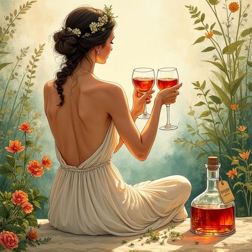 A modern goddess enjoys a relaxing moment toasting with herbal liqueurs in a wildflower field. The woman wears a flowing silk dress and cheers with two glasses. A vintage apothecary-style bottle displays a handcrafted label. The illustration uses earthy tones with vibrant wildflowers and herbs surrounding a serene atmosphere.