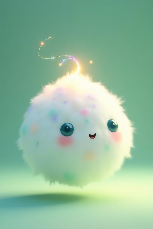 Cute 3D cartoon character Piko is a soft fluffy pearly white oval shape. Subtle swirling pastel patterns include mint lavender and peach. Character has large round blue eyes and a simple smile with no nose. Piko gently floats above a soft green surface while spinning a glowing rainbow-colored thread from its head. The scene embodies a kid-friendly Pixar style with a whimsical magical atmosphere and bright cheerful lighting.