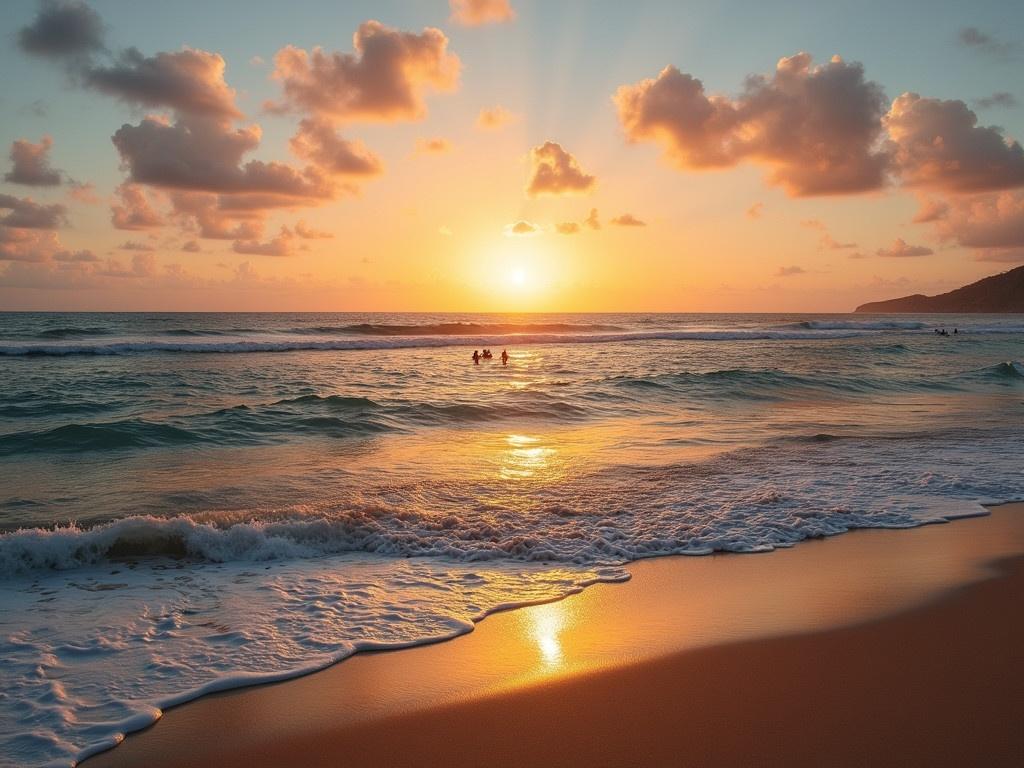 The image showcases a beautiful beach at sunset. Waves gently lap against the shore, creating a foamy edge on the sandy beach. The sun is setting on the horizon, casting warm golden and orange hues across the sky. Soft clouds scatter above, reflecting the colors of the sunset. The ocean appears calm, with light ripples visible on the surface. Shadows of distant surfers can be seen in the water, adding life to the tranquil scene.