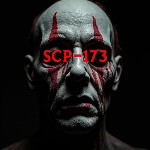 A dramatic and cinematic horror portrait of SCP-173 sculpture. Harsh lighting from one side casts deep, ominous shadows on the spray-painted features. Background is completely black to isolate the figure. Red military worn-out text 'SCP-173' overlays the image.