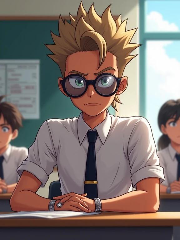 Teen boy in private academy uniform. Sitting at desk in a classroom. Disinterested look. Wearing hip hop jewelry. Summer morning. Light brown spiky hair. Modern classroom with students in background.
