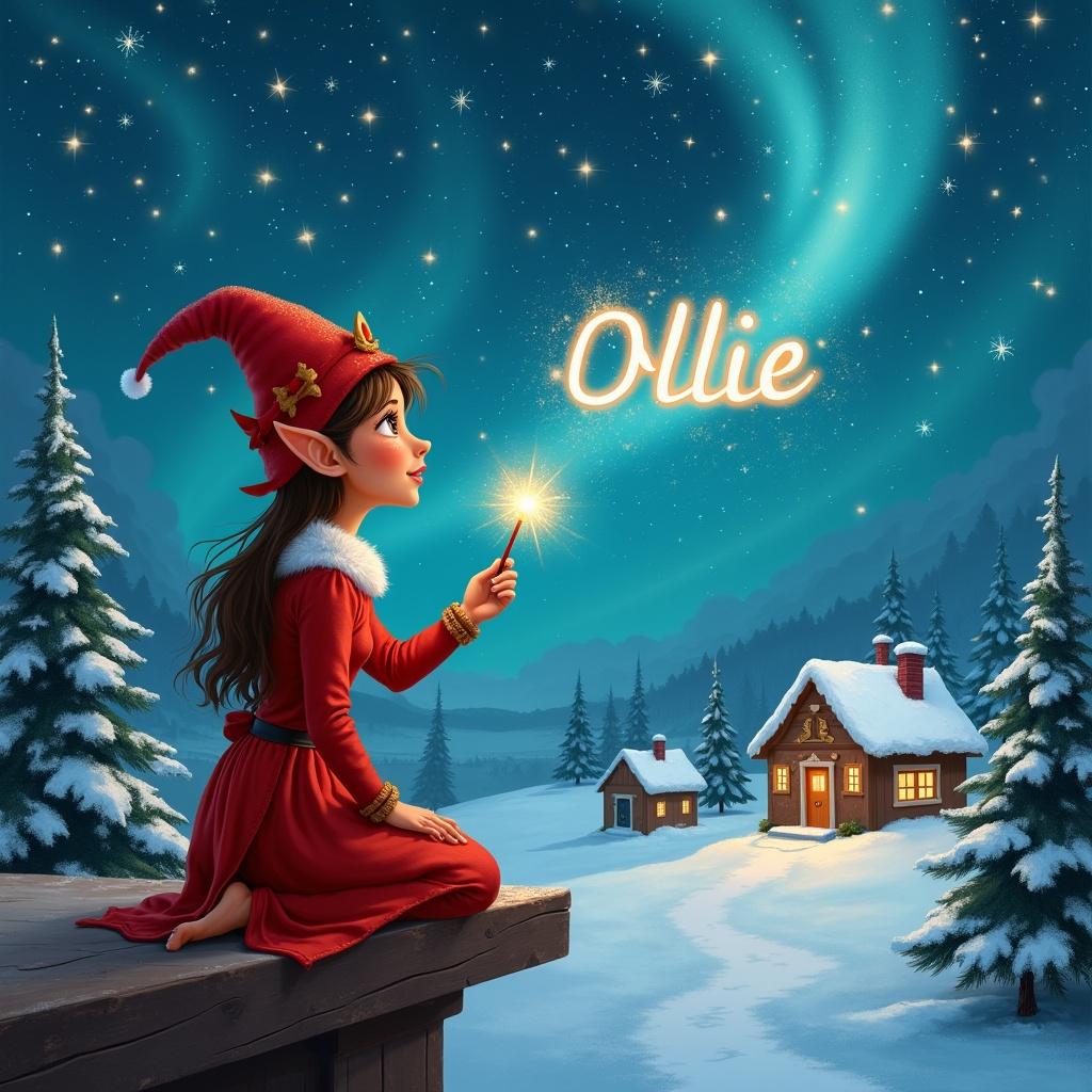 A woman elf with brown skin sits on a wooden ledge with her back to the camera, gazing at a magical sky. She is dressed in a red outfit with a pointed hat and holds a sparkling wand. Using the wand, she writes the name 'Ollie' in the starry sky. The scene features a snowy landscape with charming little houses and evergreen trees under shimmering Northern Lights. This whimsical depiction captures the essence of childhood magic and Christmas cheer. She also adds the names 'see you soon Blanka' in the same starry sky, enriching the magical atmosphere.