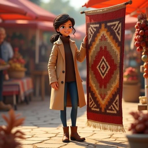 Mother examining handwoven rug. Wearing beige coat over dark brown turtleneck. Slim blue jeans and ankle dark brown boots. Warm smile. Vintage flea market in background with bright colors. Animated Pixar Disney style.