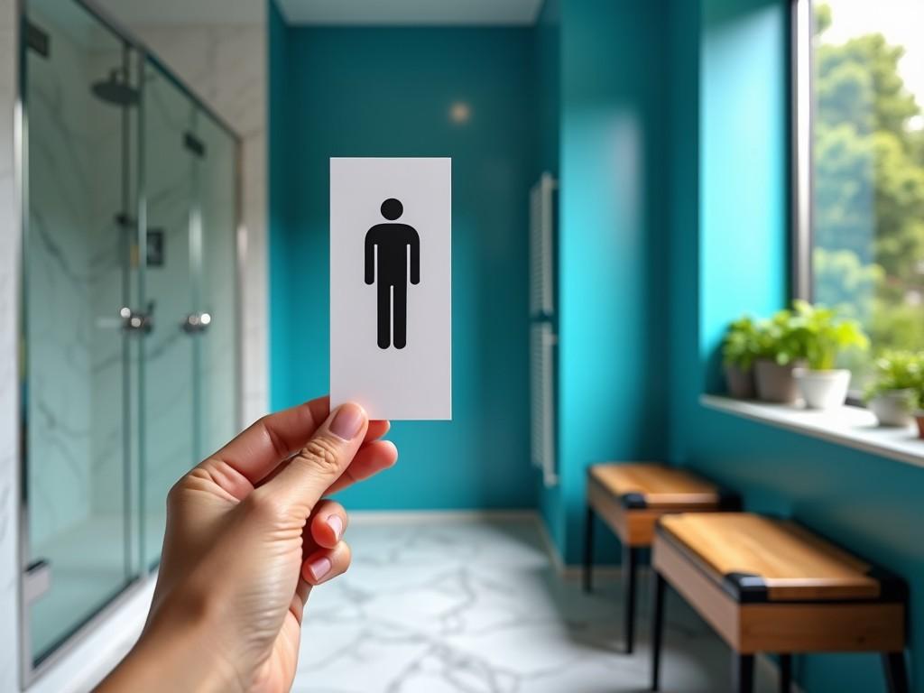 A modern bathroom featuring a turquoise wall and natural lighting. A hand holds up a simple white card with a male restroom symbol. There are green plants in the windowsill and wooden benches in the foreground. The bathroom space is clean and aesthetically pleasing. The overall ambiance is bright and inviting.