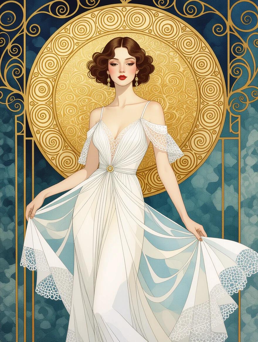 Surreal abstract art that features floating lace fabric. Decorative golden patterns fill the background. Delicate feminine shapes are implied through the fabric. The image captures a watercolor effect. The mood is dreamlike and inspired by Klimt and Art Nouveau. There are no visible human bodies, and the composition maintains an ethereal and elegant quality. The image portrays a perfect body without visible features or face.