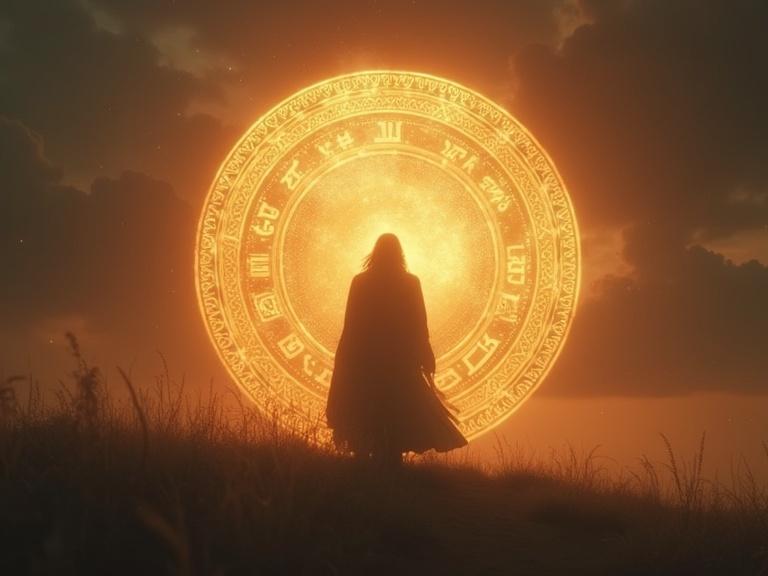Glowing silhouette of Enoch fading into the wind. Ancient symbols surround him. Ethereal tones and symbolic style emphasized. 9:16 aspect ratio.