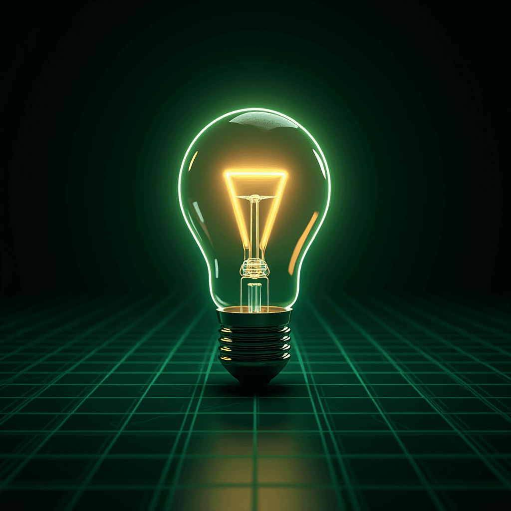 A glowing light bulb stands on a grid-patterned surface, emitting a soft yellow-green light.