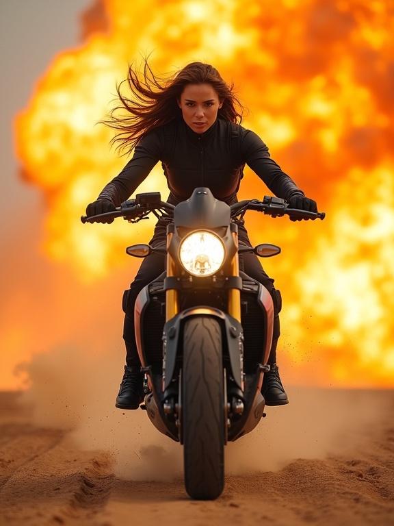 A fearless woman speeds through a blazing desert on a powerful futuristic motorcycle. A colossal explosion erupts behind her, with orange flames and billowing smoke. She rides straight toward the viewer, hair whipping in the wind, eyes fierce. Clad in black tactical gear, expression calm. Dust clouds spiral behind—an epic high-octane action scene.