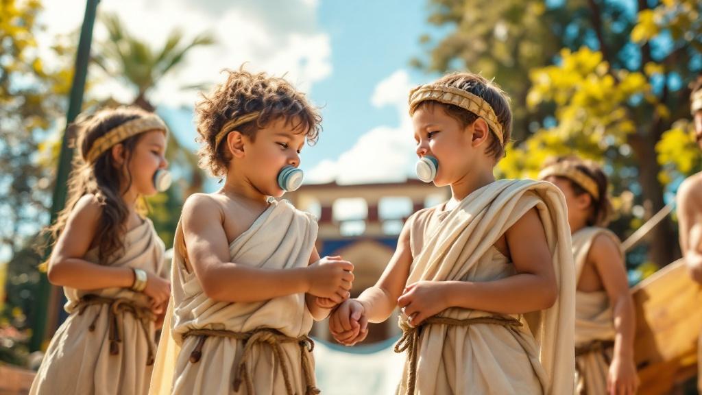 Children in a sunny playground wear Roman slave costumes and pacifiers. They interact playfully with each other. Their hands are tied with a rope. Teachers pose as Roman guards. All children are in a cage.