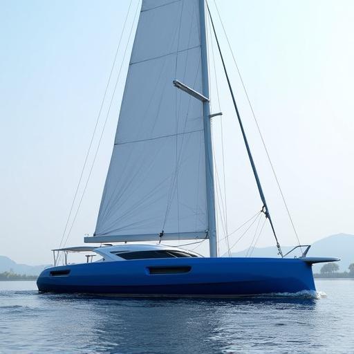 Show a sleek sailboat known as 2025 Lumen Vela. The sailboat features retractable wings made from carbon fiber. It has a modern catamaran-inspired hull with a drag coefficient of 0.22. The color is marine blue with an anti-barnacle coating. The setting is calm waters under clear skies.