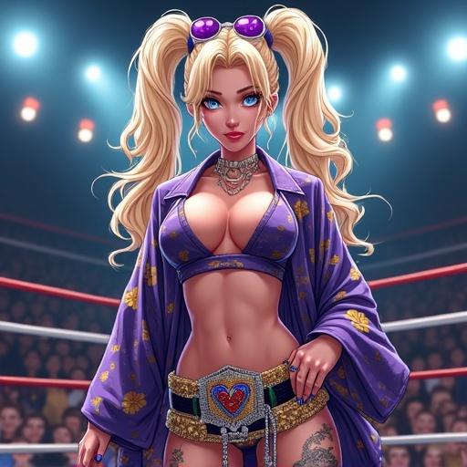 Anime woman in martial arts arena. 29 years old with frosted blue eyes. Light blonde pigtails with piercings. Wearing a modern ninja kimono. Powerful stance. Half Japanese half Saiyan. Muscular with six-pack abs. Summer theme. Light pink lipstick and colorful tattoos. Championship belt. Purple and gold sunglasses on head.