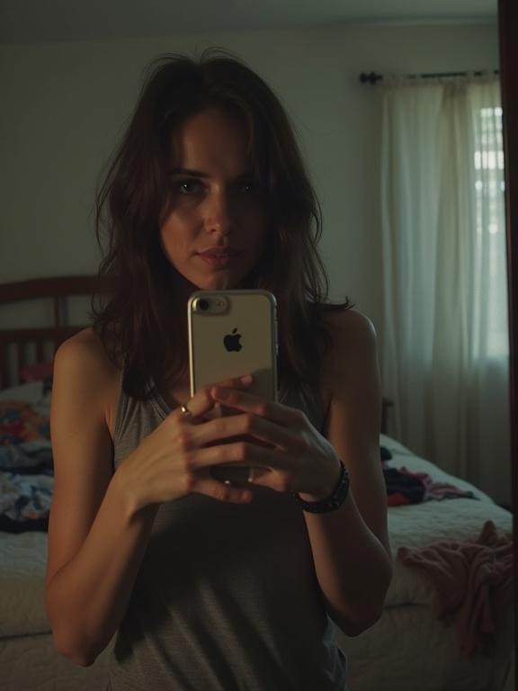 A woman stands in front of a mirror taking a selfie in a messy bedroom. Image is grainy with a soft blur. Lighting is dim, creating shadows. Clothes are scattered on the bed. Woman's expression is casual and concentrated. The mirror has smudges and fingerprints.
