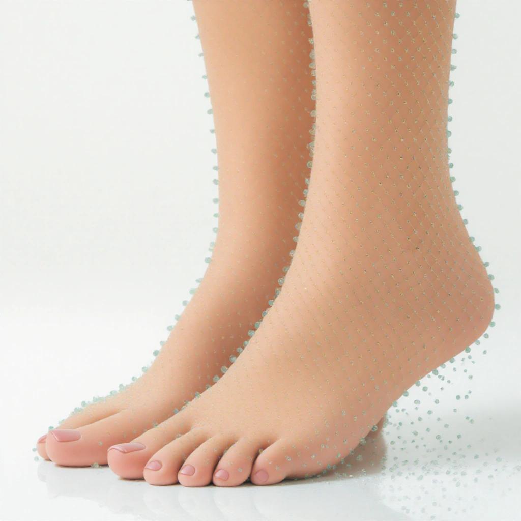 Photography of feet with light-colored dotted stockings and a fresh manicure. Focus on the toes and overall aesthetic.