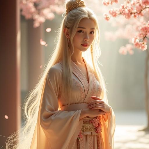 Portrait of an ethereal young woman wearing a majestic ceremonial gown inspired by Eastern royal and priestess attire. Gown features flowing layers of silk and translucent fabric in pale gold, soft ivory, and blush crimson. The gown is intricately embroidered with glowing sakura petals and sacred geometric patterns. A soft obi-style sash accentuates her silhouette. Her long pale golden hair flows over her shoulders and subtly glows. She stands tall with one hand at her side and the other near her heart, conveying calm wisdom. Expression is serene with soft eyes. Background features a peaceful temple garden with soft natural light and drifting petals.