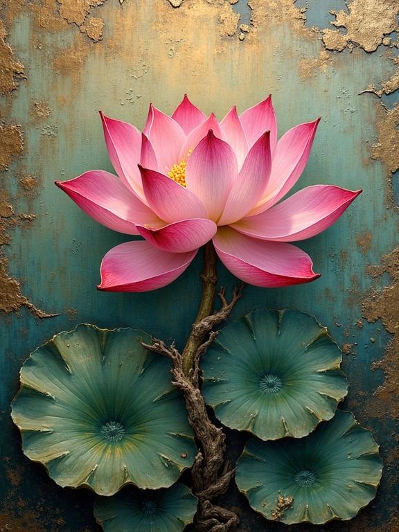 An ultra-hyperrealistic digital render of a solitary lotus flower. The flower emerges from cracked depths of layered oil and pigment. Petals are sculpted in rose, magenta, and alabaster. The backdrop features aged, moss-hued waters with thick ripples. The flower floats on a pond of swirling colors, catching light. Peeling paint reveals ancient symbols beneath. The gnarled stem has earthen greens and ochre. Cracked pigments create subtle halos around the bloom. The artwork captures the purity of the lotus and reflects spiritual resilience.