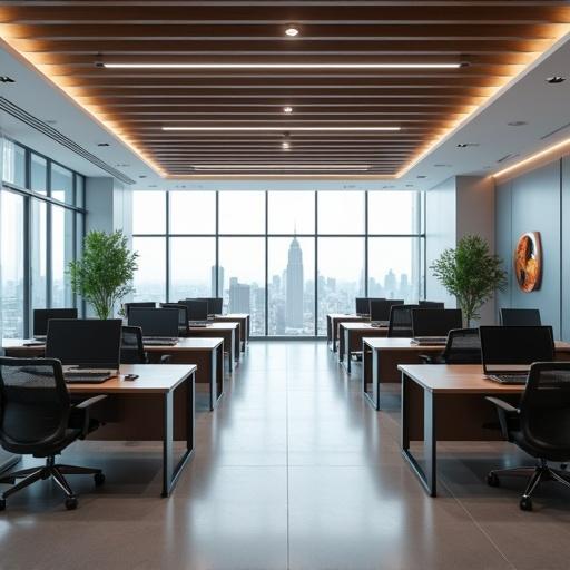 A picture shows a modern empty office with 15 desks and chairs equipped with laptops. The office has large windows providing a view of the city skyline. The entrance features the name 'Healthy Wealthy Limited' prominently displayed.