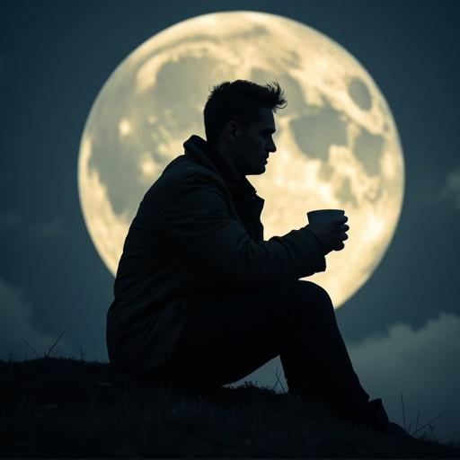 A man sits on a hill with a cup. The backdrop features a large glowing moon. The scene creates a tranquil atmosphere. The man appears contemplative in silhouette. The moon shines vividly in the night sky.