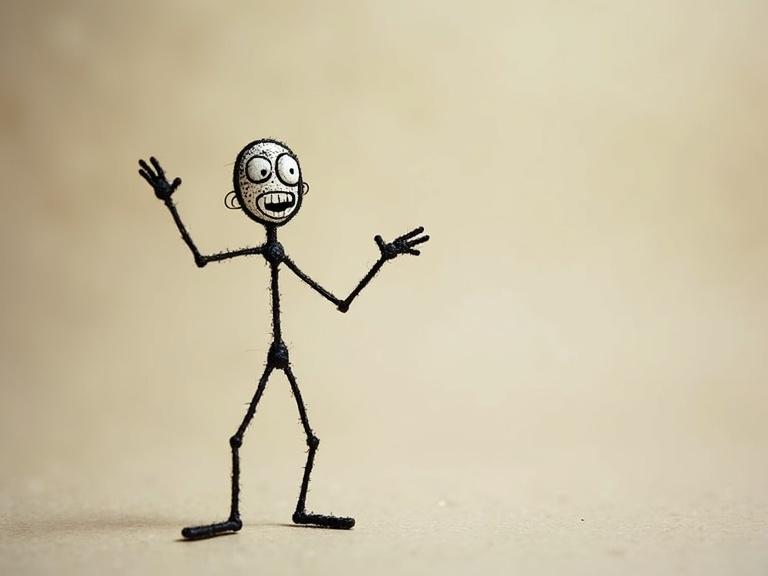 Stick figure with a smile. The figure has hands extended. The background is simple and light. The figure engages with the viewer.