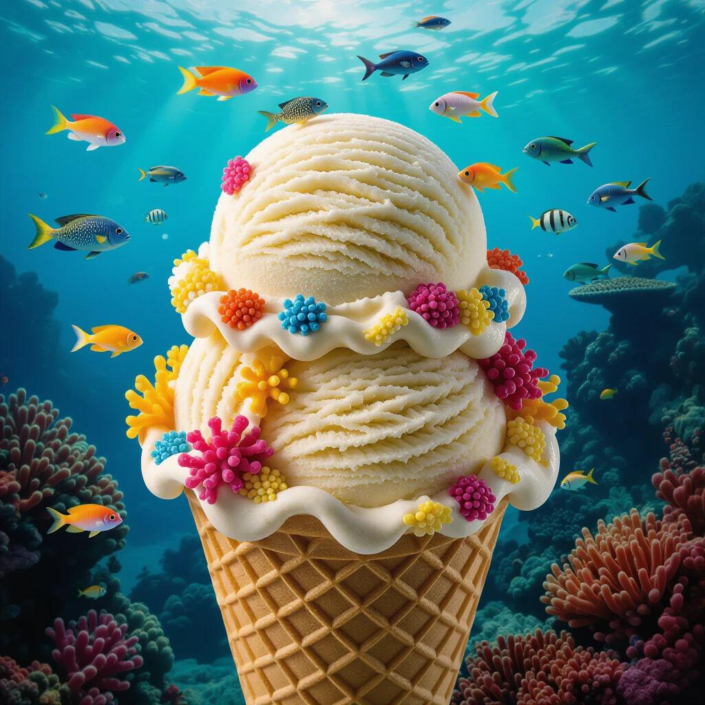 A captivating ice cream cone with scoops sculpted from vibrant coral textures. Tiny colorful fish swim around the scoops as toppings, creating an undersea dreamscape with vivid abstraction.