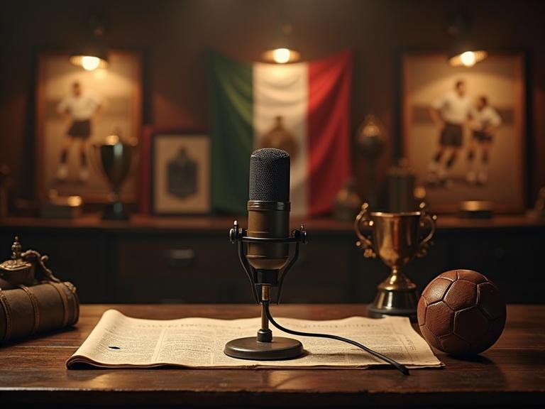 An introductory cinematic scene for a podcast. A professional microphone on a wooden desk with an old newspaper about soccer. Dimly lit room filled with vintage soccer memorabilia including a leather soccer ball, photographs of players, a trophy, and flags. Soft warm lighting creates a nostalgic sports atmosphere.