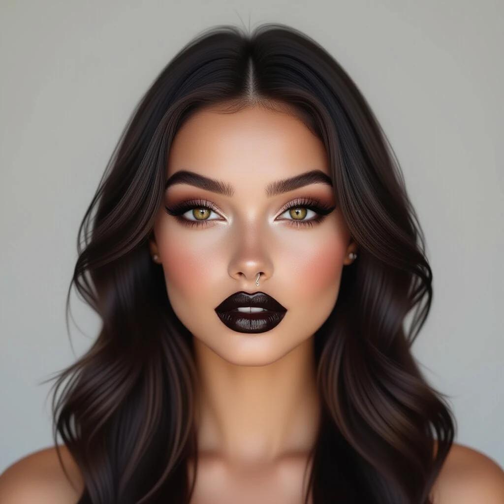 Realistic full-face portrait of gothic woman. Full plump lips with glossy black lipstick. Bright black eyes with long eyelashes and bold eyeliner. Smooth pale complexion with brown henna freckles. Long dark hair flowing naturally. Frontal view with soft lighting and neutral background. Highly detailed.
