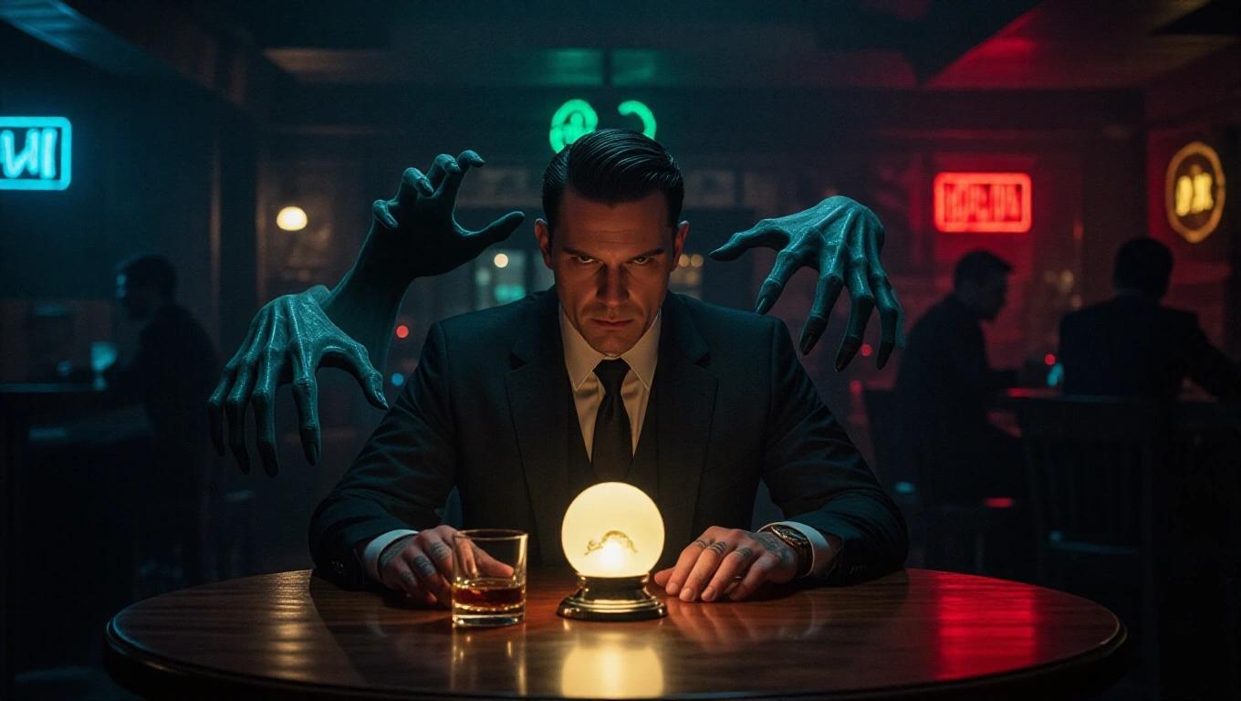 A hyperrealistic scene inside a dimly lit bar. A man in a dark suit sits at a round table with a glass of whiskey and a glowing artifact. He looks focused with tattoos on his hands. Spectral hands reach toward him from behind, creating an eerie atmosphere.