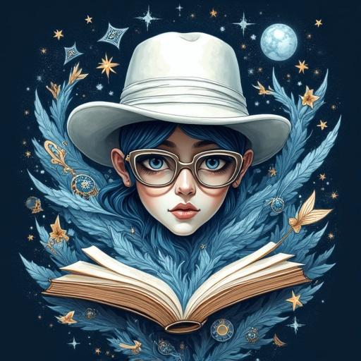 Stylized logo illustration features surreal elements. Girl with white fedora and glasses has a magical aura. Surrounding swirling shapes represent fantasy and science fiction. Include stars, books, clock gears, and ancient runes. Use painterly style with deep blues and golden highlights. Create a mysterious and imaginative atmosphere.